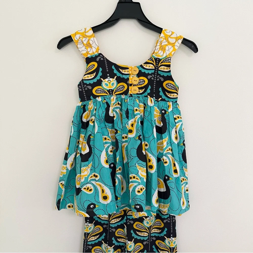 Jelly the Pug Vibrant Yellow Teal and Black 2 Piece Outfit girls size 7 Birds